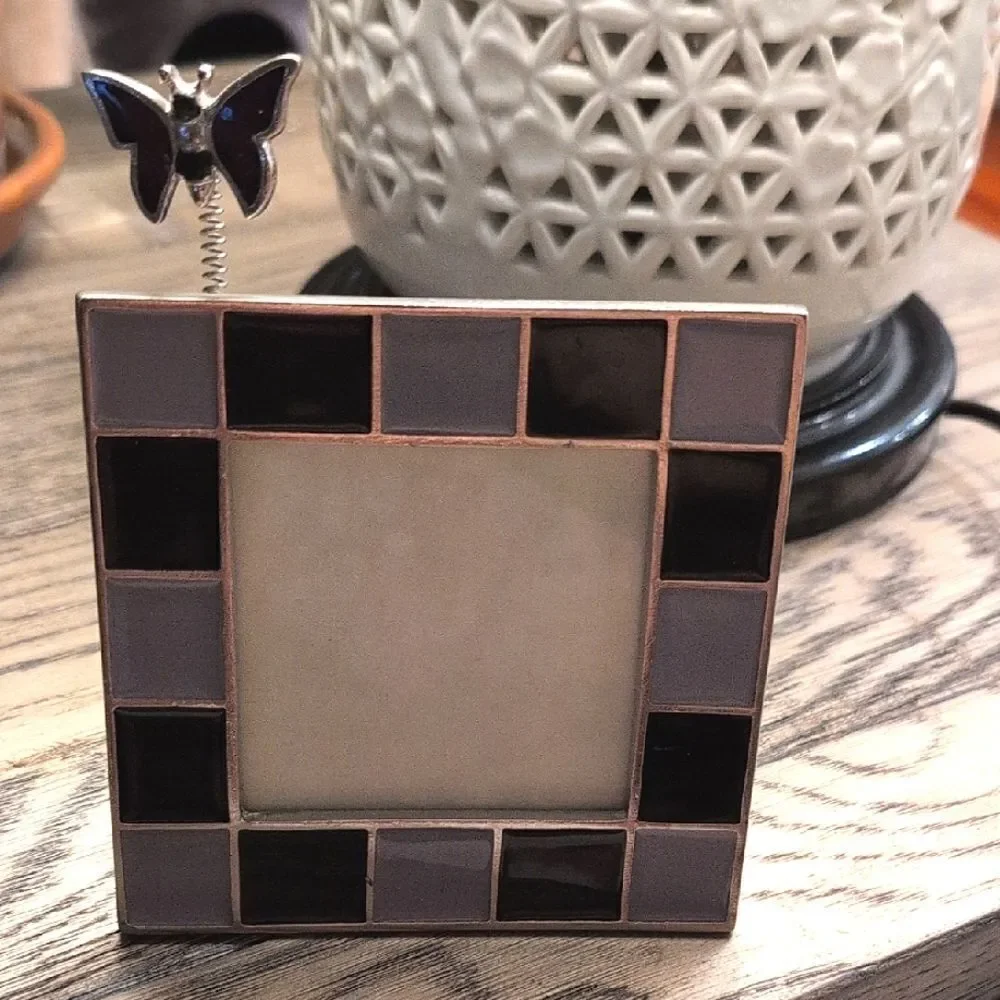 Enamel Checkered Square Butterfly Photo Frame - Purple and Lavender